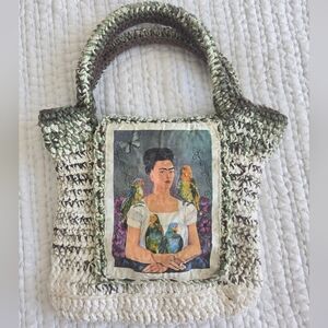 Handmade Crochet Tote Bag Frida Kahlo Art Boho Cottagecore Earthy Mini Tote